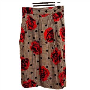 Vintage Silk Skirt Floral Red and Black Houndstooth Pencil Skirt
